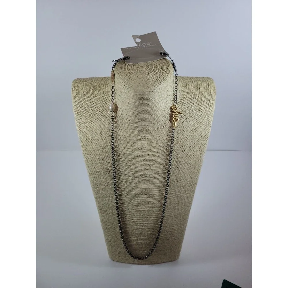 Chico's Gunmetal Heart Faux Pearl Peace Chic Convertible Mask Necklace-NWT
